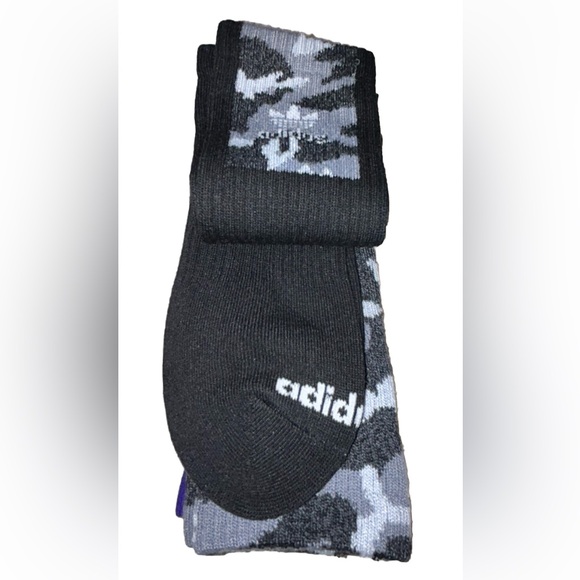Adidas Crew Socks 3 Pair Men's 6-12 Black Gray Purple Camo w Logo & Trefoil NEW! - Picture 8 of 12